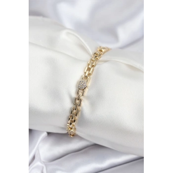 CEYLAN ADAM Pirinç VIP Seri Gold Renk Zincir Model Kalpli Zirkon Taşlı Kadın Bileklik