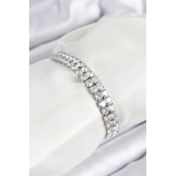 CEYLAN ADAM Pirinç Zirkon Taşlı Çift Sıra Kare Model Gümüş Renk Asansörlü Kadın Bileklik