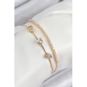 CEYLAN ADAM Pirinç Zirkon Taşlı Kalp Model Gold Renk Kadın Bileklik