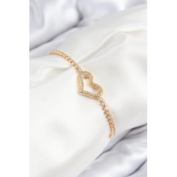 CEYLAN ADAM Pirinç Zirkon Taşlı Kalp Model Gümüş Renk Asansörlü Kadın Bileklik