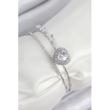 CEYLAN ADAM Pirinç Zirkon Taşlı Kalp Model Gümüş Renk Kadın Bileklik