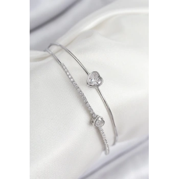 CEYLAN ADAM Pirinç Zirkon Taşlı Kalp Model Gümüş Renk Kadın Bileklik