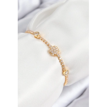 CEYLAN ADAM Pirinç Zirkon Taşlı Kar Tanesi Model Gold Renk Asansörlü Kadın Bileklik