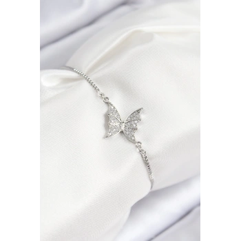 CEYLAN ADAM Pirinç Zirkon Taşlı Kelebek Model Gümüş Renk Asansörlü Kadın Bileklik