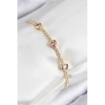 CEYLAN ADAM Pirinç Zirkon Taşlı Pembe Kalp Model Gold Renk Kadın Bileklik