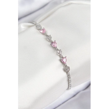 CEYLAN ADAM Pirinç Zirkon Taşlı Pembe Kalp Model Gümüş Renk Kadın Bileklik