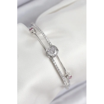 CEYLAN ADAM Pirinç Zirkon Taşlı Pırlanta Model Gümüş Renk Kadın Bileklik