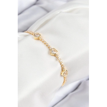 CEYLAN ADAM Pirinç Zirkon Taşlı Sıralı Kalp Model Gold Renk Kadın Bileklik