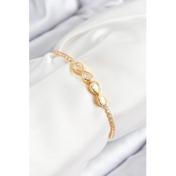 CEYLAN ADAM Pirinç Zirkon Taşlı Sonsuzluk Model Gold Renk Asansörlü Kadın Bileklik