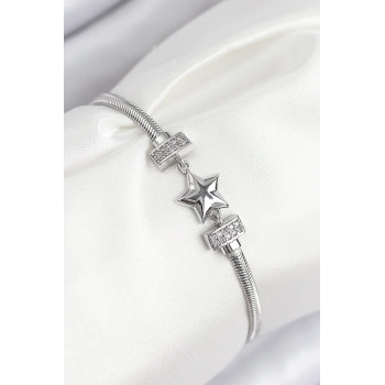 CEYLAN ADAM Pirinç Zirkon Taşlı Yonca Model Gümüş Renk Kadın Bileklik