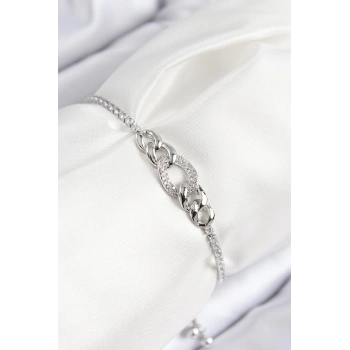 CEYLAN ADAM Pirinç Zirkon Taşlı Zincir Model Gümüş Renk Asansörlü Kadın Bileklik