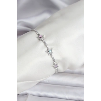 CEYLAN ADAM Renkli Yıldız Model Zirkon Taşlı Gümüş Renk Pirinç Su Yolu Kadın Bileklik