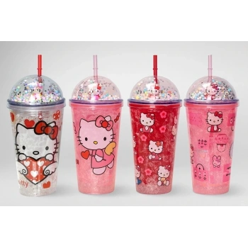 CEYLAN ADAM Sevimli Hello Kitty Işıklı Pipetli Boncuklu Suluk & Bardak 400 Ml Alk3145