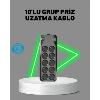 CEYLAN ADAM Termal Akım Korumalı 10’lu Grup Priz USB Type-C Hızlı Şarj 2500W 2m Kablo