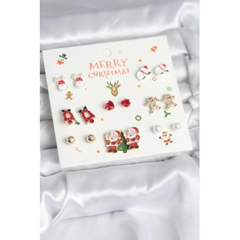 CEYLAN ADAM Yılbaşı Temalı Karışık Model 8 Çift Yılbaşı Temalı Kadın Küpe Seti