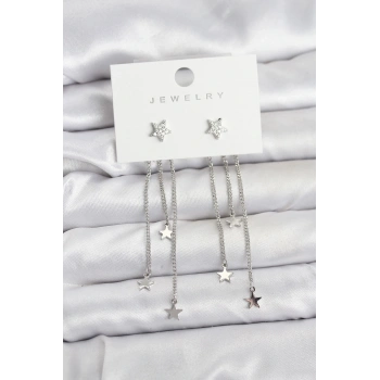 CEYLAN ADAM Yıldız Model Gümüş Renk Pirinç Sallantılı Kadın Küpe