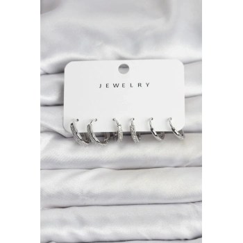 CEYLAN ADAM Zirkon Taşlı Gümüş Renk Pirinç Kadın Küpe Seti