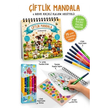 Çiftlik Mandala - 6 Renk Keçeli Kalem ve 75 Adet Çıkartma Hediyeli 3+