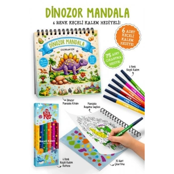 Dinozor Mandala - 6 Renk Keçeli Kalem ve 75 Adet Çıkartma Hediyeli 3+