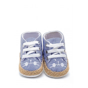 First Step Kedi Nakışlı Çizgili Patik - Saks Mavisi 3-7 Ay / No.17