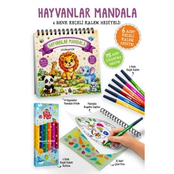 Hayvanlar Mandala - 6 Renk Keçeli Kalem ve 75 Adet Çıkartma Hediyeli 3+