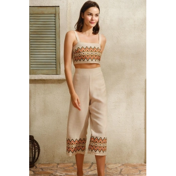 Kalın Askılı Oyuk U Yaka Geometrik Yazlık Uzun Nakış Detaylı Pijama Takımı