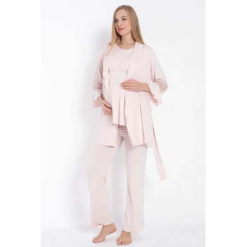 Kısa Kol Bisiklet Yaka Kadın Viskon Dantel Detaylı Hamile Pijama Takımı Sabahlık