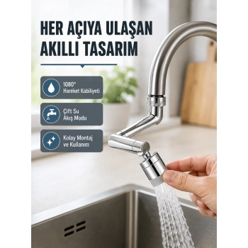 Mey İthalat® 2 Modlu 1080° Dönebilen Musluk Başlığı Esnek 3 Eklemli Hareketli Tasarım