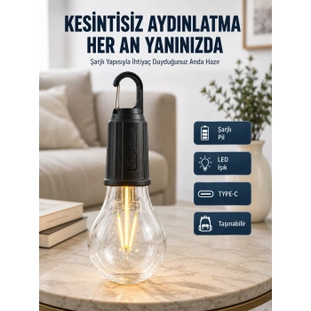 Mey İthalat® 3 Farklı Mod LEDli Şarjlı Asma Kancalı Kamp Lambası Taşınabilir Ampul