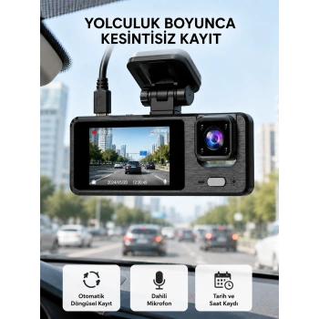 Mey İthalat® 3 Kameralı Araç DVR 1080P Ön + HD Arka + İç Kamera Döngü Kayıt 2’’ Ekran