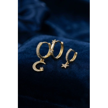 Mey İthalat® 3 lü Ay ve Yıldız Model Gold Renk Set Küpe