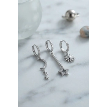 Mey İthalat® 3 lü Set Ay Yıldız ve Güneş Model Gümüş Renk Kadın Küpe