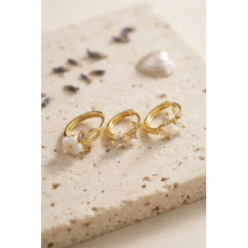 Mey İthalat® 3 lü Set Çiçek Model Gold Renk Kadın Küpe