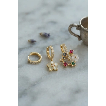 Mey İthalat® 3 lü Set Gold Renk Çiçek Model Küpe