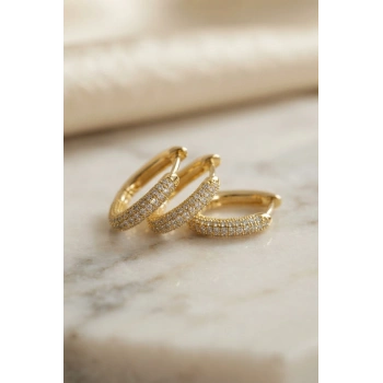 Mey İthalat® 3 lü Set Gold Renk Zirkon Taşlı Kare Halka Küpe