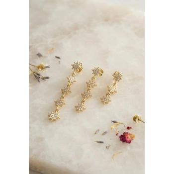 Mey İthalat® 3 lü Set Küpe Gold Renk Kutup Yıldızı Detaylı