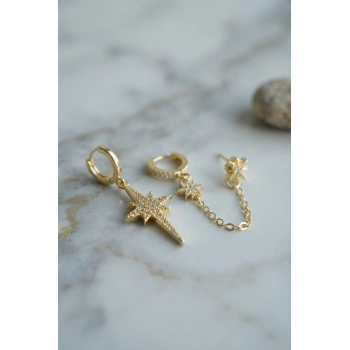 Mey İthalat® 3 lü Set Küpe Gold Renk Zincir Detaylı