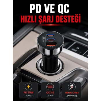 Mey İthalat® 3 Portlu Araç İçi Şarj Adaptörü Çift PD Type-C ve QC3.0 USB Çıkışlı