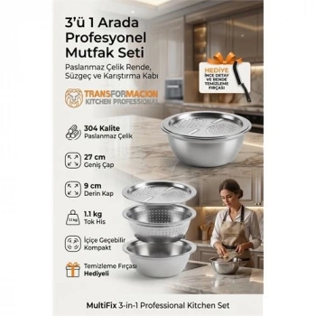Mey İthalat®  3ü 1 Arada Profesyonel Mutfak Seti - Paslanmaz Çelik Rende, Süzgeç ve Karıştırma Kabı (27 cm) 723296