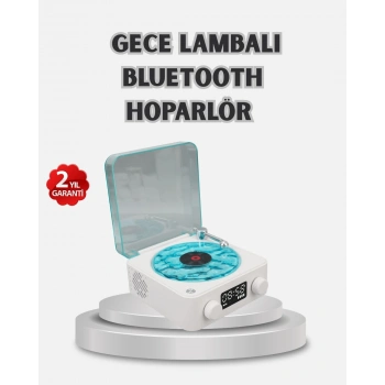 Mey İthalat® 3-ü-1 Gece Işığı Bluetooth Hoparlör Dijital Saat Vintage Plak Çalar Tasarımlı