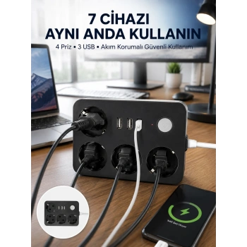 Mey İthalat® 3 USB Çıkışlı 4’lü Akıllı Priz 2500W 2 Metre Kablo