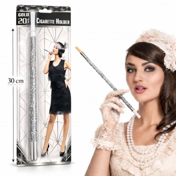 Mey İthalat® 30 cm Gümüş Payetli Sigara Tutacağı – 1920’ler Gatsby Parti Aksesuarı