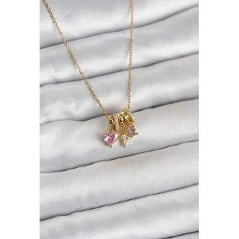 Mey İthalat® 316L Çelik Gold Pembe Zirkon Taşlı Charmlı Kadın Kolye