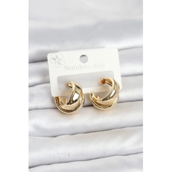 Mey İthalat® 316L Çelik Gold Renk Asimetrik Halka Model Kadın Küpe