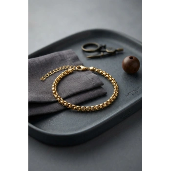 Mey İthalat® 316L Çelik Gold Renk Box Zincir Model Erkek Bileklik