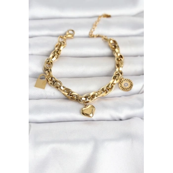 Mey İthalat® 316L Çelik Gold Renk Charmlı Kalın Burgu Model Kadın Bileklik