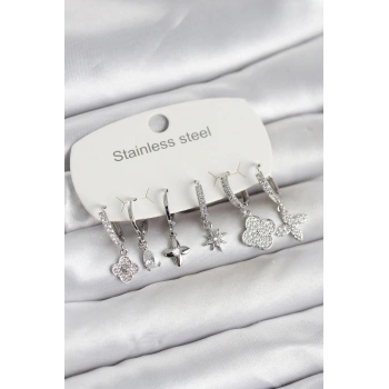 Mey İthalat® 316L Çelik Gümüş Renk 6lı Set Yonca Model Kadın Küpe