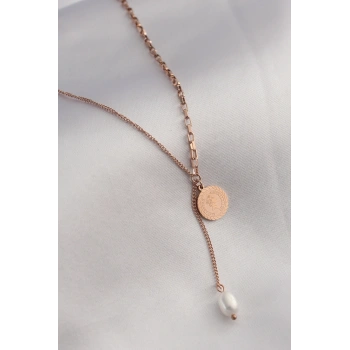 Mey İthalat® 316L Çelik Rose Renk İşlemeli Sallantılı Kadın Kolye