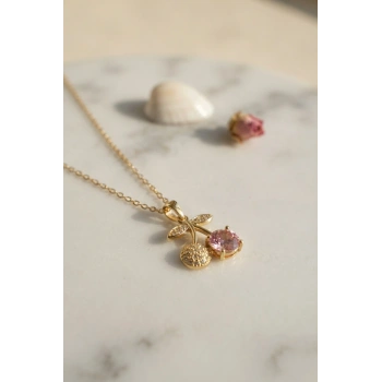 Mey İthalat® 316L Çelik Zincir Gold Renk Pembe Kiraz Model Kolye