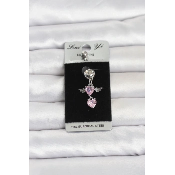 Mey İthalat® 316L Cerrahi Çelik Pembe Zirkon Taşlı Kanat Model Göbek Piercing